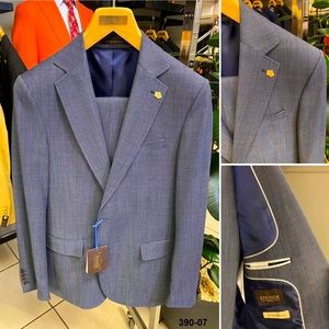 NWT Blue Needlepoint Suit ~ Super 120s Wool Notch Lapel with Pick Stitching